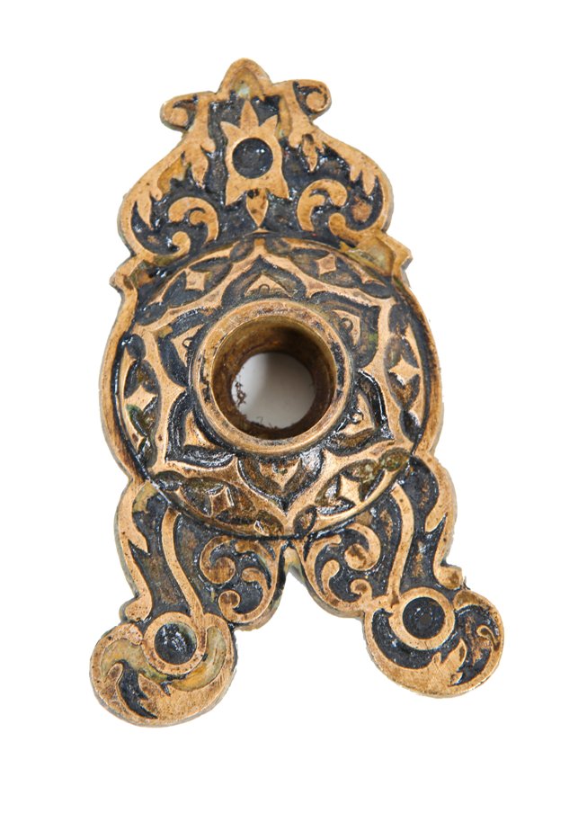 original c. 1870's antique american high victorian era ornamental cast bronze triangular-shaped doorknob rosette with black enameled inlay