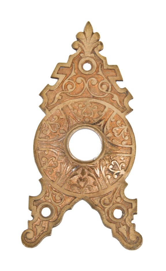 hard to find c. 1870's high victorian ornamental cast bronze "grecian" style interior residential passage door triangular-shaped doorknob escutcheon