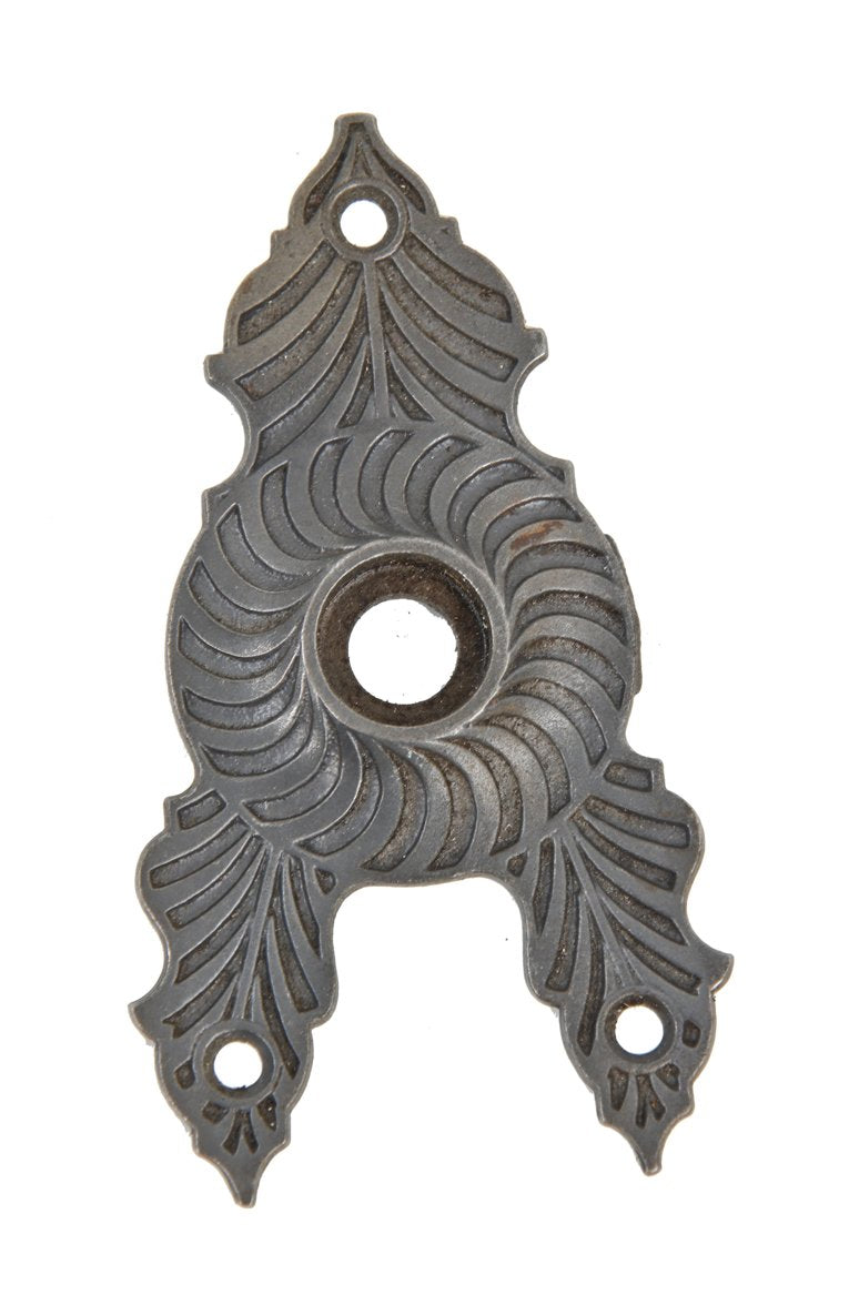 visually striking 19th century original antique american ornamental cast iron oversized triangular-shaped doorknob rosette with unique patented design