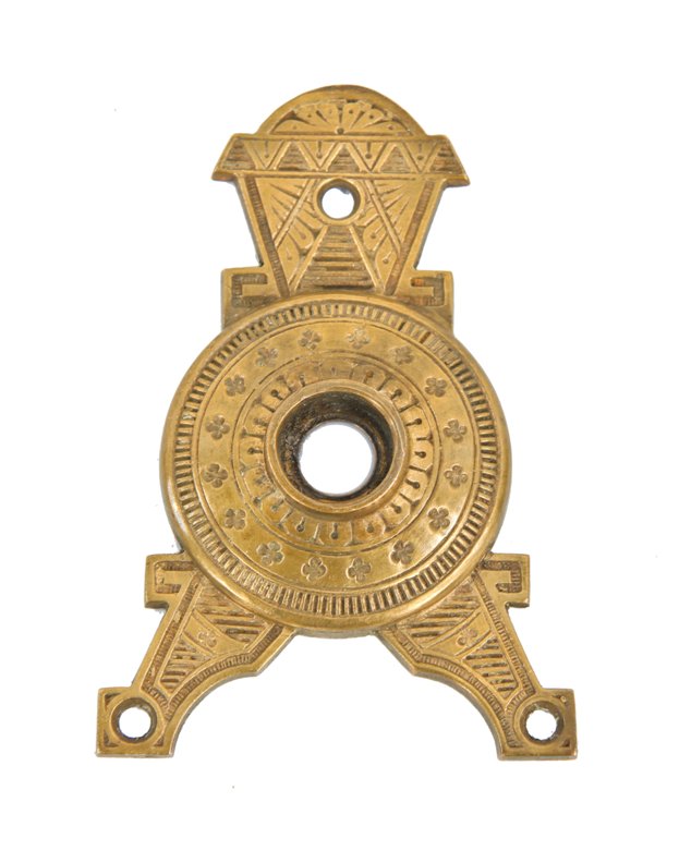 impressive 19th century american eastlake style residential ornamental cast bronze oversized triangular-shaped doorknob backplate or escutcheon