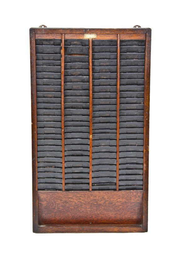 all original and intact c. 1907 american vintage industrial oversized wall-mount varnished oak wood factory worker time card "out" compartmentalized rack