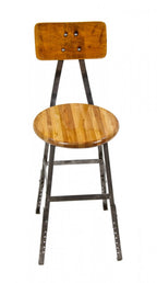 refinished adjustable height american vintage industrial salvaged chicago "pollard" factory workbench stationary stool with removable leg extensions and maple wood seat
