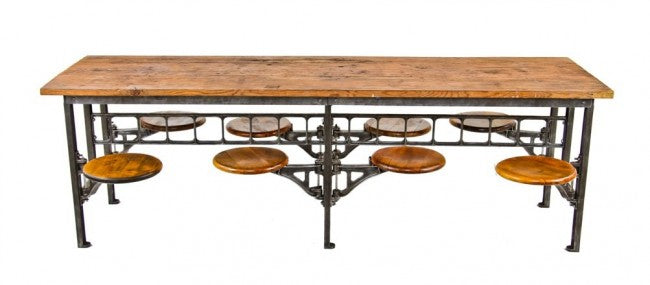 one of two matching early 20th century antique american industrial fully refinished brushed metal eight swing-out seat factory lunchroom "sani" cafeteria or lunchroom table