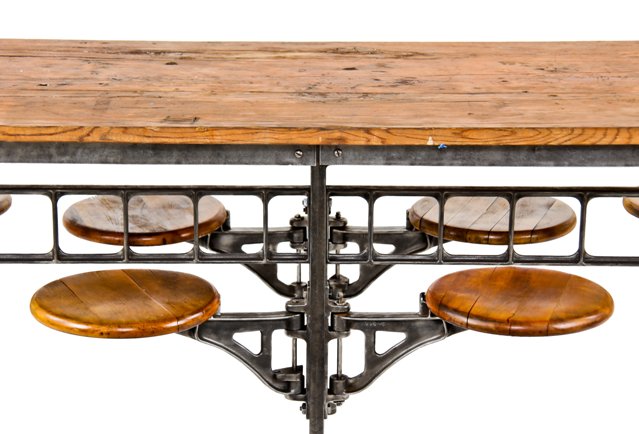 completely refinished original early 20th century american made vintage industrial eight seat swing-out factory lunch hall table with varnished pine wood top