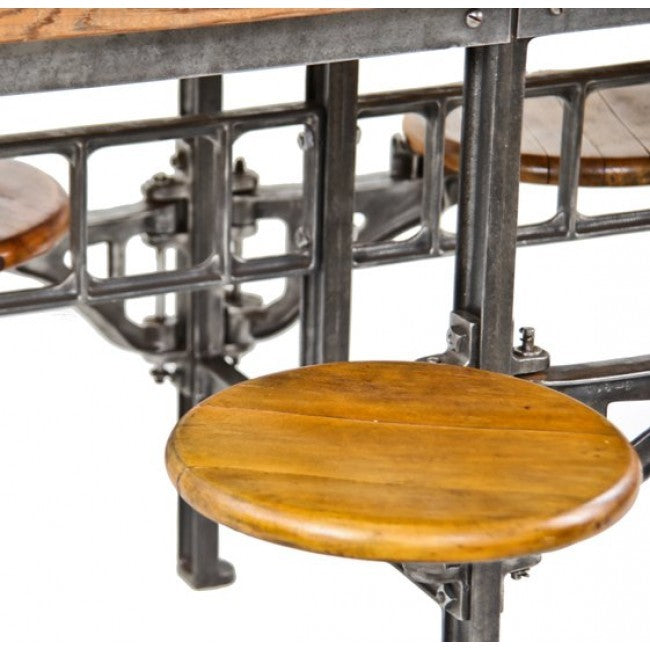 one of two matching early 20th century antique american industrial fully refinished brushed metal eight swing-out seat factory lunchroom "sani" cafeteria or lunchroom table