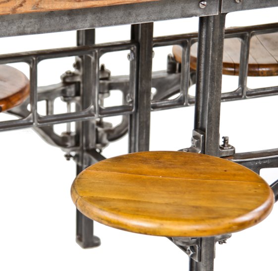 completely refinished original early 20th century american made vintage industrial eight seat swing-out factory lunch hall table with varnished pine wood top