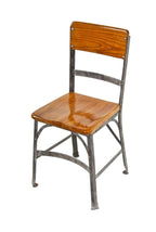 structurally sound and durable c. 1920's american vintage industrial four-legged riveted joint steel factory office side chair with spacious solid maple wood seat