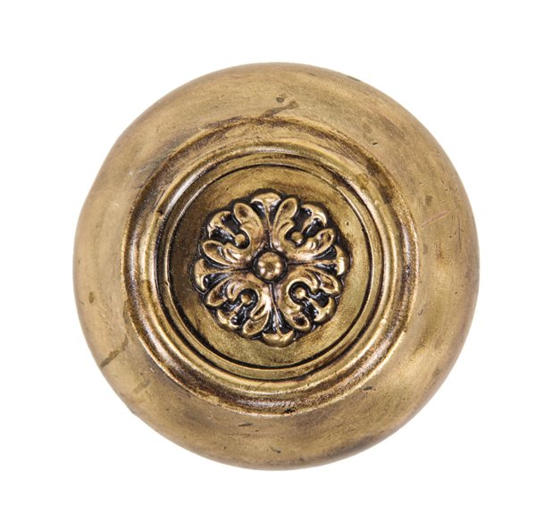 original c. 1900-10 american antique ornamental wrought brass interior residential passage size "essington" doorknob with concentric rings and floral rosette