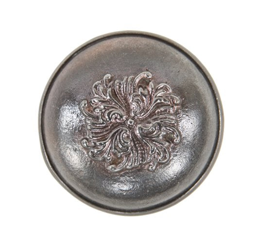 refinished c. 1900's antique american brushed ornamental cast iron dome-shaped doorknob with oversized banded rim and embossed floral rosette