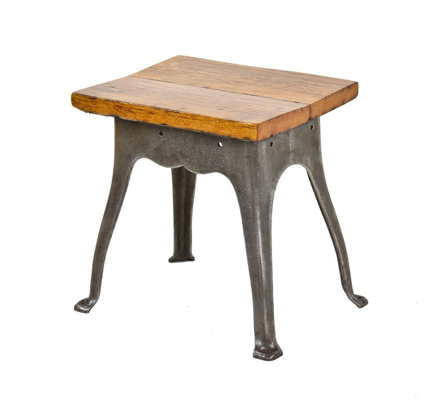 hard to find early 20th century american vintage industrial diminutive brushed cast iron factory machine base with newly added edge glued pine wood tabletop
