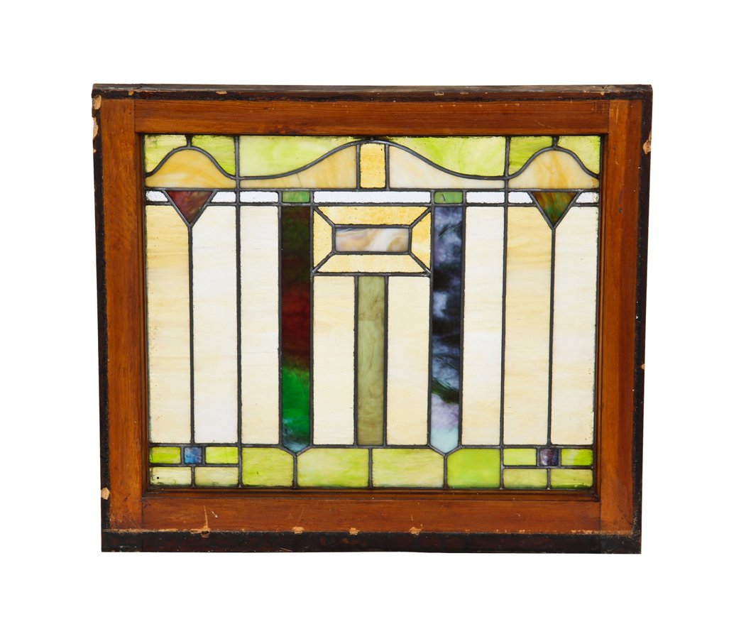 original and intact antique american craftsman style interior chicago bungalow variegated stained glass transom window featuring nicely arranged geometric shapes