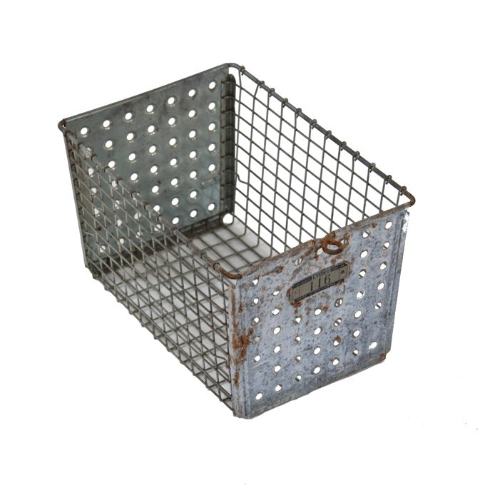 original late 1940's vintage american industrial galvanized steel lightweight steel wire industrial locker room storage basket with number plaque