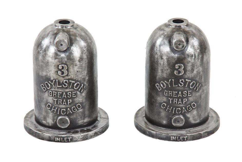 matching pair of original early 20th century american industrial no. 3 brushed cast iron boylston steam pipe grease traps with deeply embossed lettering