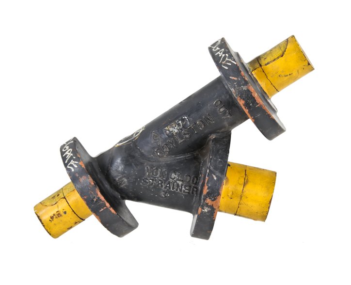 original early 20th century single-sided or half-section painted mahogany wood "non-clog strainer" boylston steam valve component foundry pattern