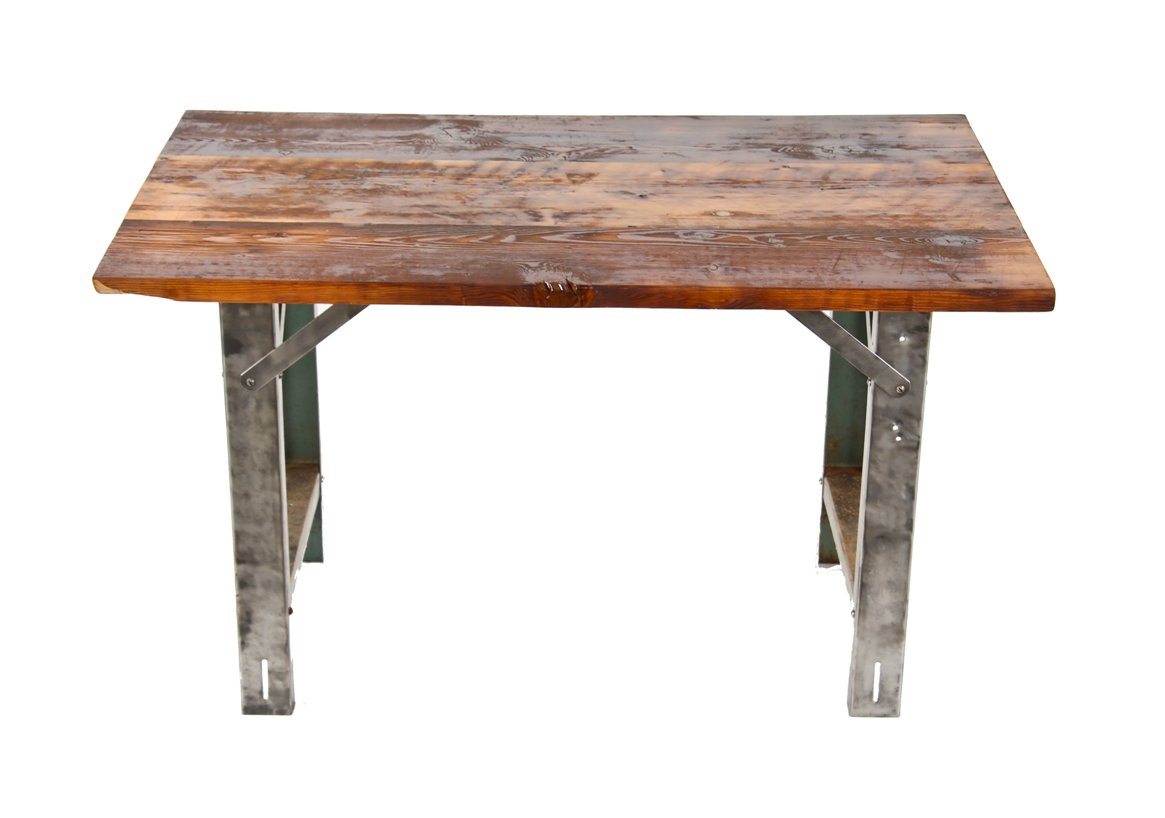 pressed and folded cold-rolled heavy gauge steel four-legged vintage american industrial table with newly added old growth pine wood tabletop
