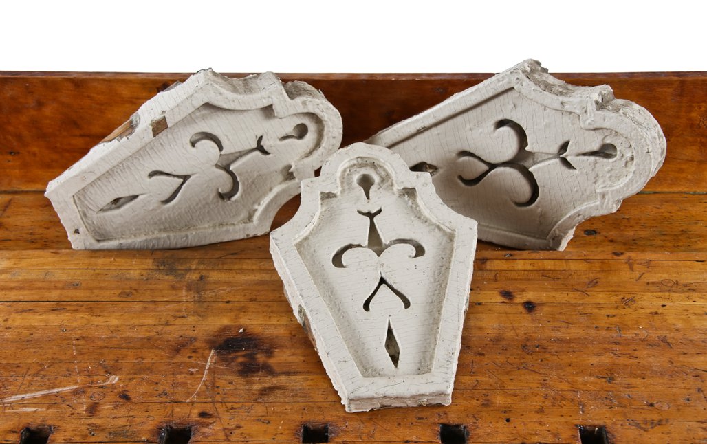 3 matching 1870's american italianate white painted pine wood exterior residential window keystones