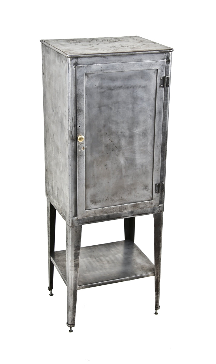 refinished single hinged door vintage c. 1911 american medical hospital room brushed steel instrument cabinet with detachable undershelf