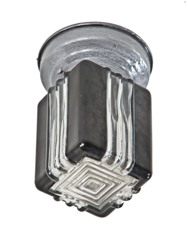 original late 1930's american art deco style strongly geometric pressed ornamental clear and baked black enameled pendant light globe with silver metallic fitter