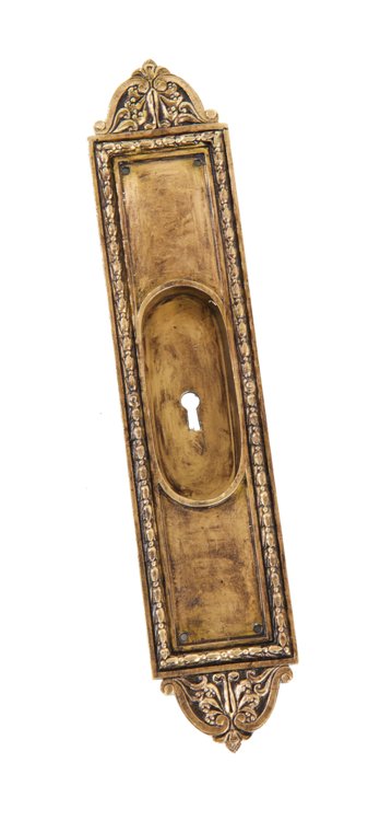 oversized early 20th century antique ornamental cast brass interior residential flush mount pocket door plate with decorative bellflower design motif