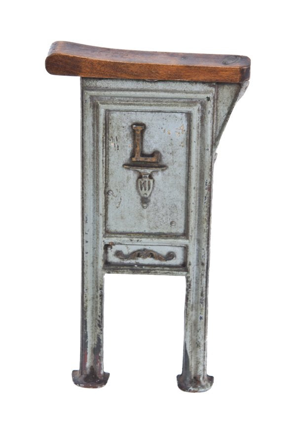 original and intact late 1920's hand-painted american ornamental cast iron monogrammed lawndale theater auditorium seat end with solid birch wood armrest