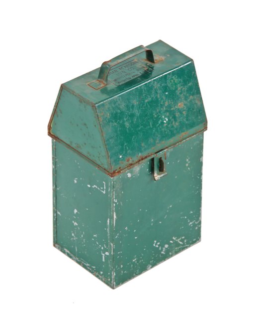 c. 1930's patented folded and pressed american industrial green enameled steel paint brush-holding receptacle with hinged pyramidal-shaped top