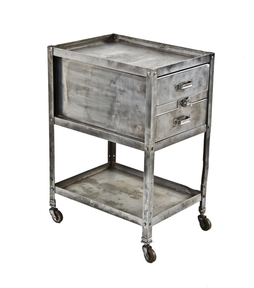late 1940's american vintage industrial munitions plant mobile heavy gauge brushed steel two-drawer tool cart with fully functional swivel wheels