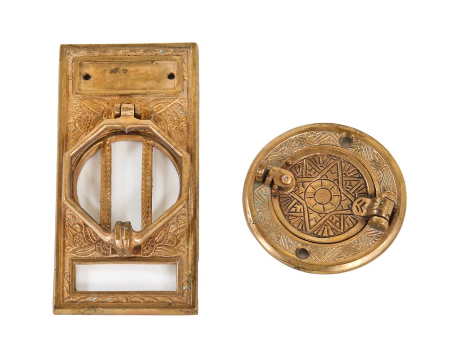 striking c. 1920's american art deco style ornamental cast brass doorknocker and matching hinged door peephole with nicely aged surface patina