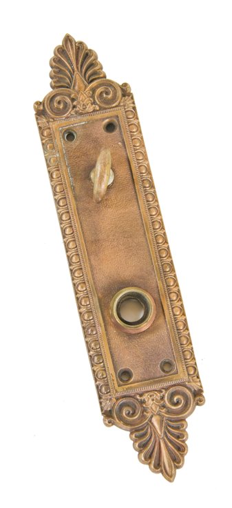 early 20th century neoclassical style ornamental cast bronze metal interior residential doorknob backplate with privacy latch handle