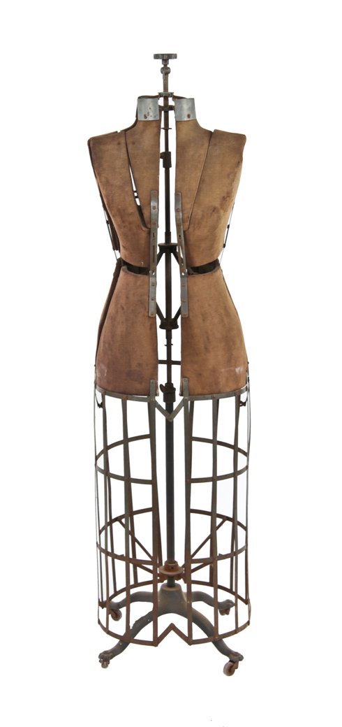 fully adjustable early 20th century amrican made vintage industrial department store window display dress form with functional casters