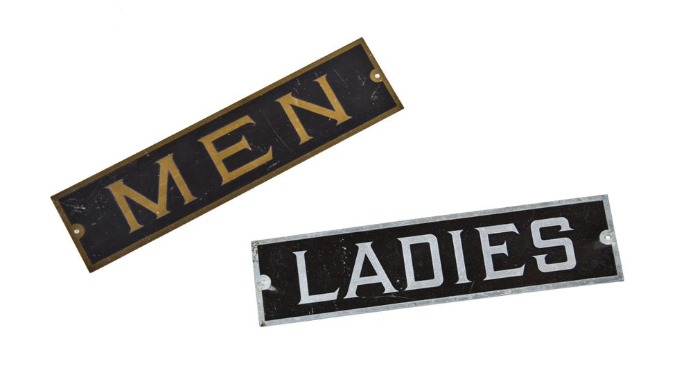 late 1920's original american single-sided flush mount lavatory stamped brass "men" and "women" informational signs with distinctive lettering