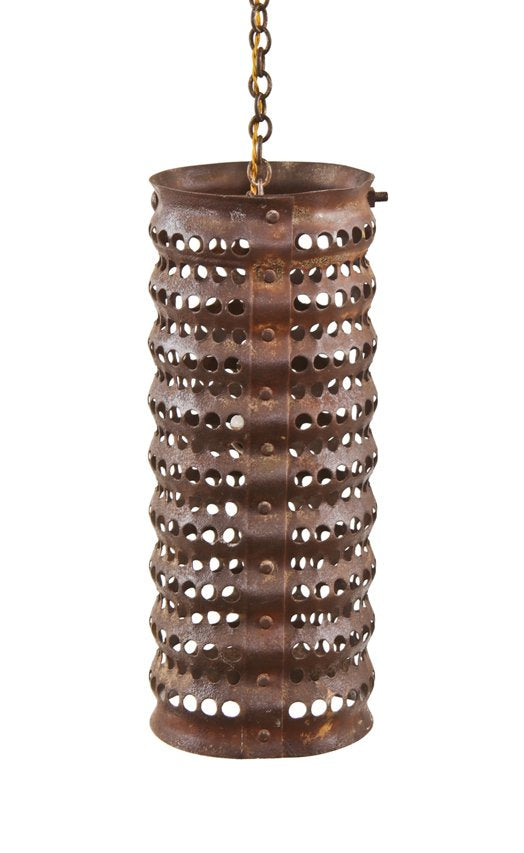 unique repurposed vintage american industrial heavy gauge pierced cylindrical steel hog oiler pendant light with nicely aged surface patina