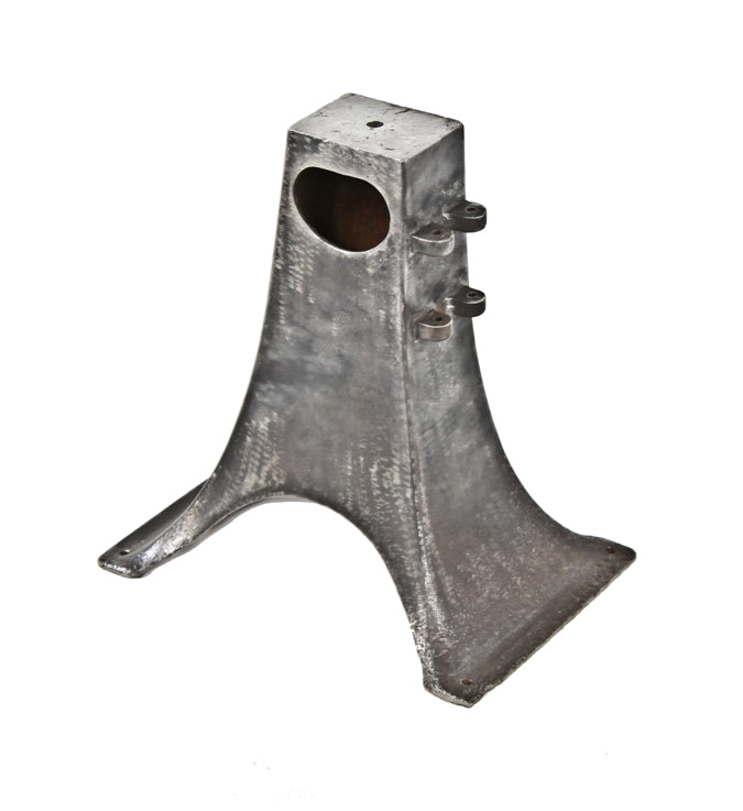 single antique american industrial flared foot cast iron factory machine lathe base with a uniform brushed metal finish