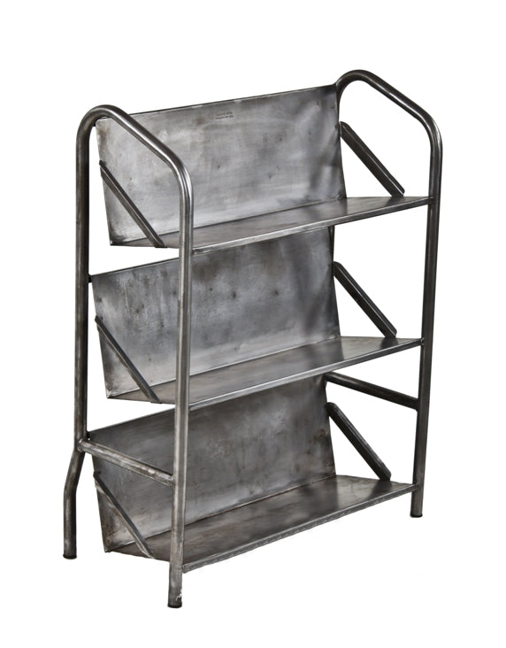refinished vintage american industrial freestanding pressed and folded steel three-tier chicago public library bookshelf with tubular supports