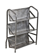 refinished vintage american industrial freestanding pressed and folded steel three-tier chicago public library bookshelf with tubular supports