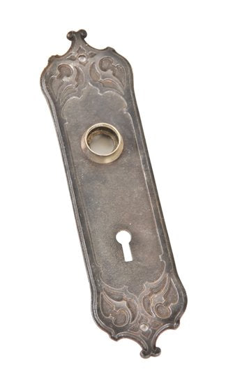 late 19th century american ornamental gothic style cast iron "westminster" pattern interior residential passage door backplate with brass thimble