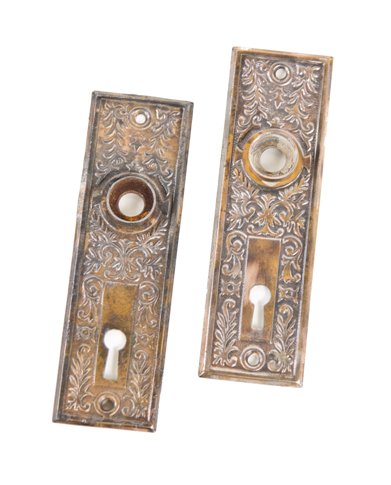 two matching c. 1900's nicely aged brass-plated stamped ornamental steel interior residential doorknob backplates with detailed foilage