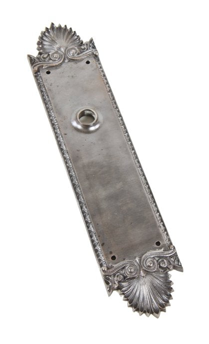 oversized c. 1920's neoclassical style ornamental cast iron interior commercial office building doorknob backplate with detailed anthemions