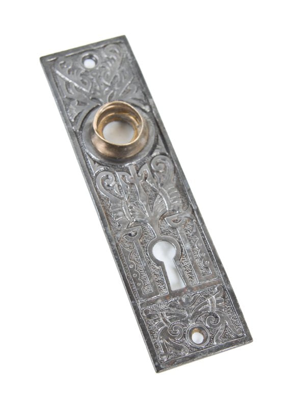 original antique american eastlake style ornamental cast iron interior residential doorknob backplate or escutcheon with brass thimble or collar