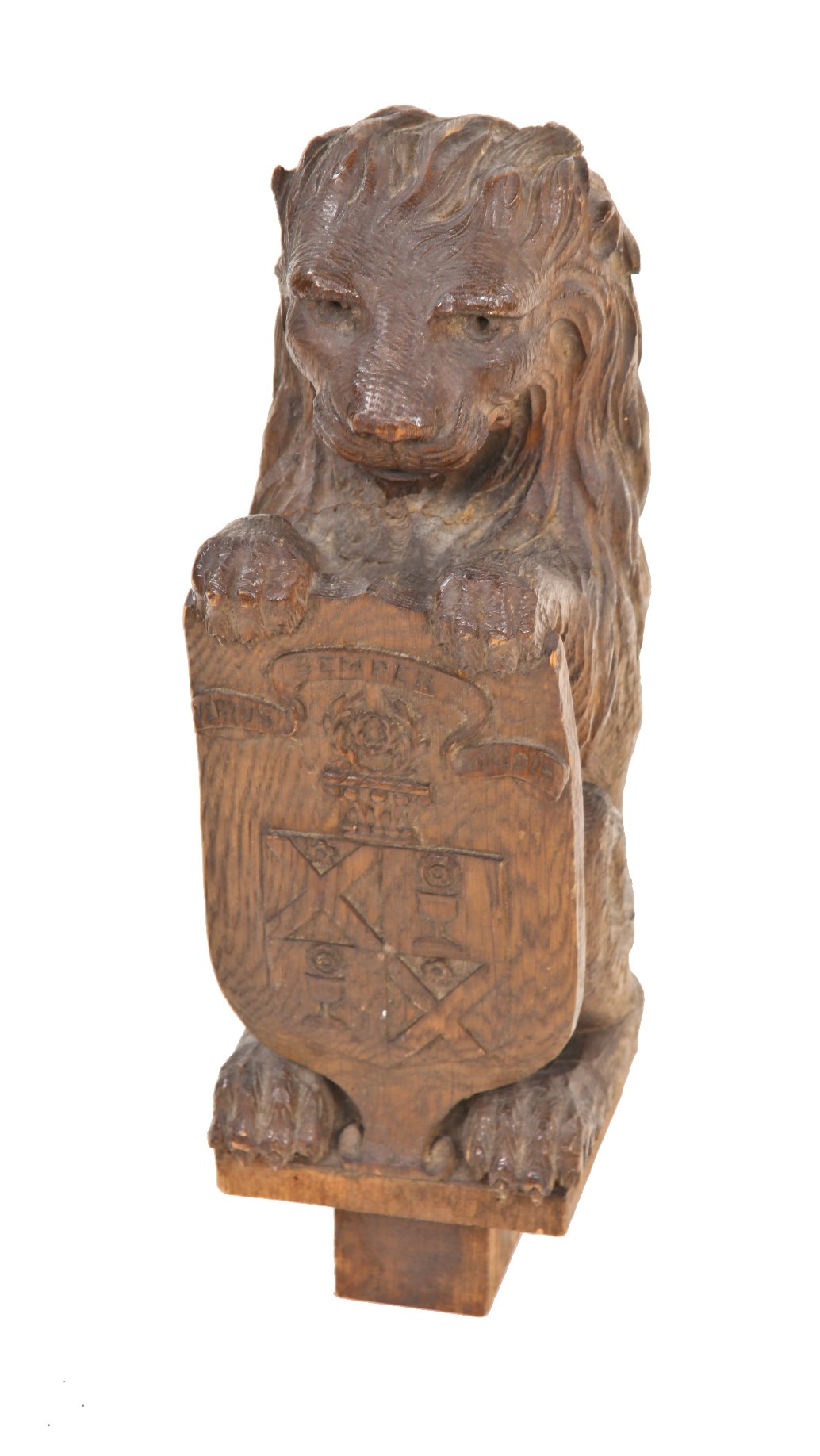 amazingly hand-crafted early 20th century interior residential carved oak wood figural rearing lion staircase newel post cap with original finish