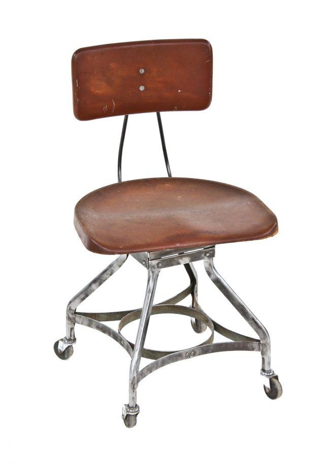 c. 1930's original and fully functional mobile "uhl art steel" vintage industrial western union office swivel stool with bassick casters
