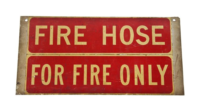 salvaged american vintage industrial double-sided hanging "fire hose for fire only" die cut steel informational sign with reflective lettering