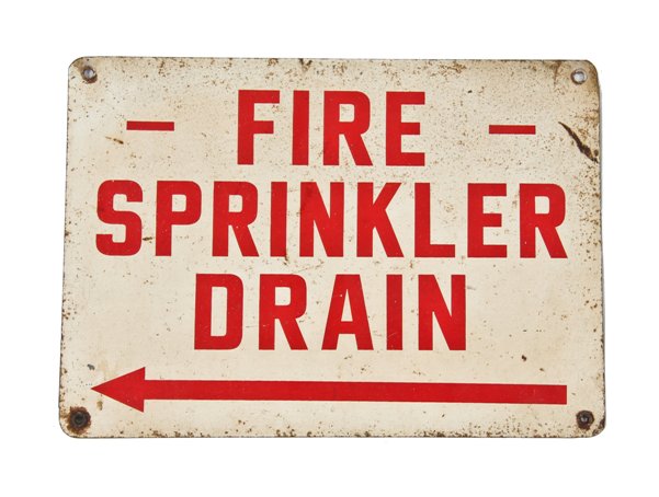 c. 1950's vintage american industrial double-sided "fire sprinkler drain" weathered enameled steel hanging factory sign with directional arrow