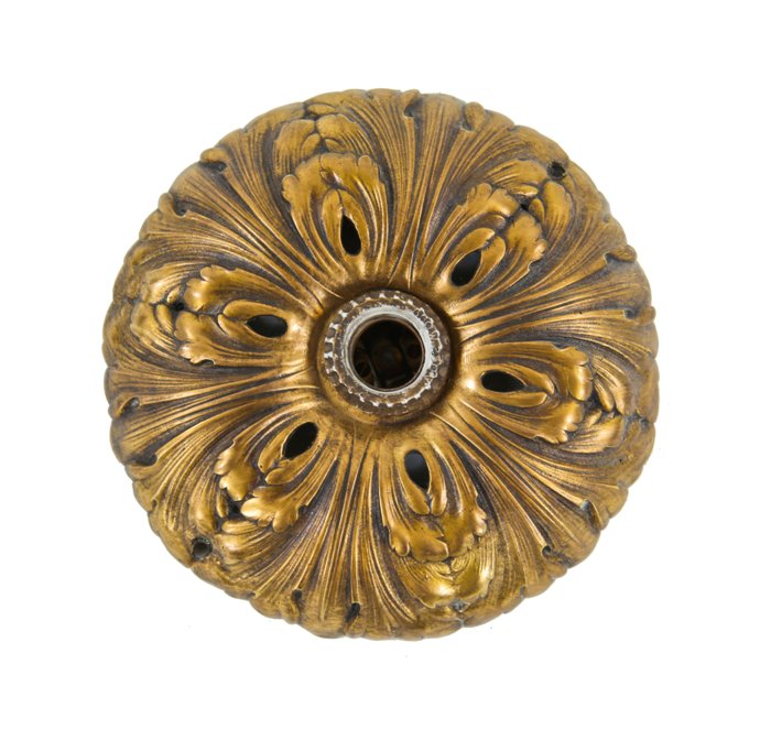 visually striking c. 1920 chicago noel bank interior flush mount ornamental cast bronze single electric light fixture with highly detailed leafage