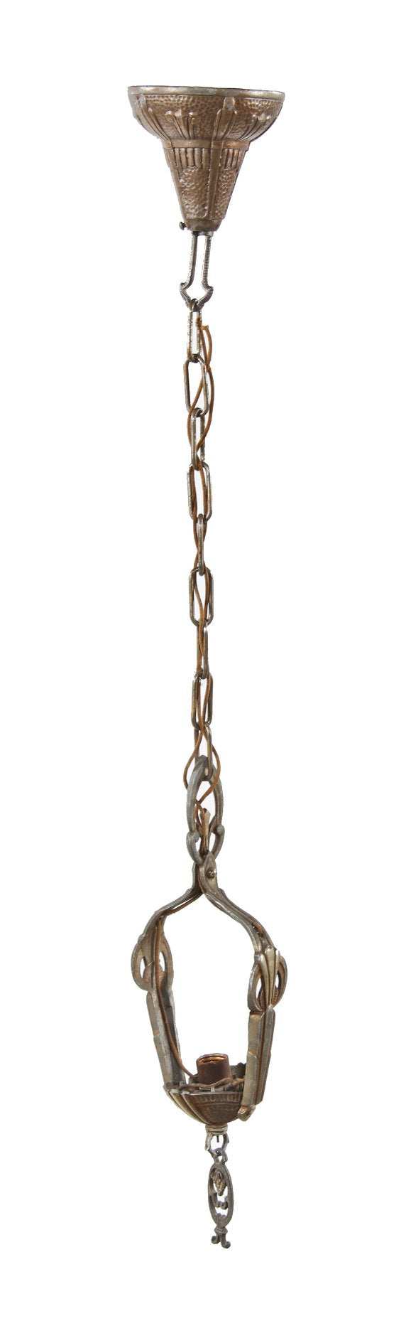 highly desirable c. 1930's american art deco style ornamental cast aluminum double-slip shade pendant light fixture with original decorative ceiling canopy