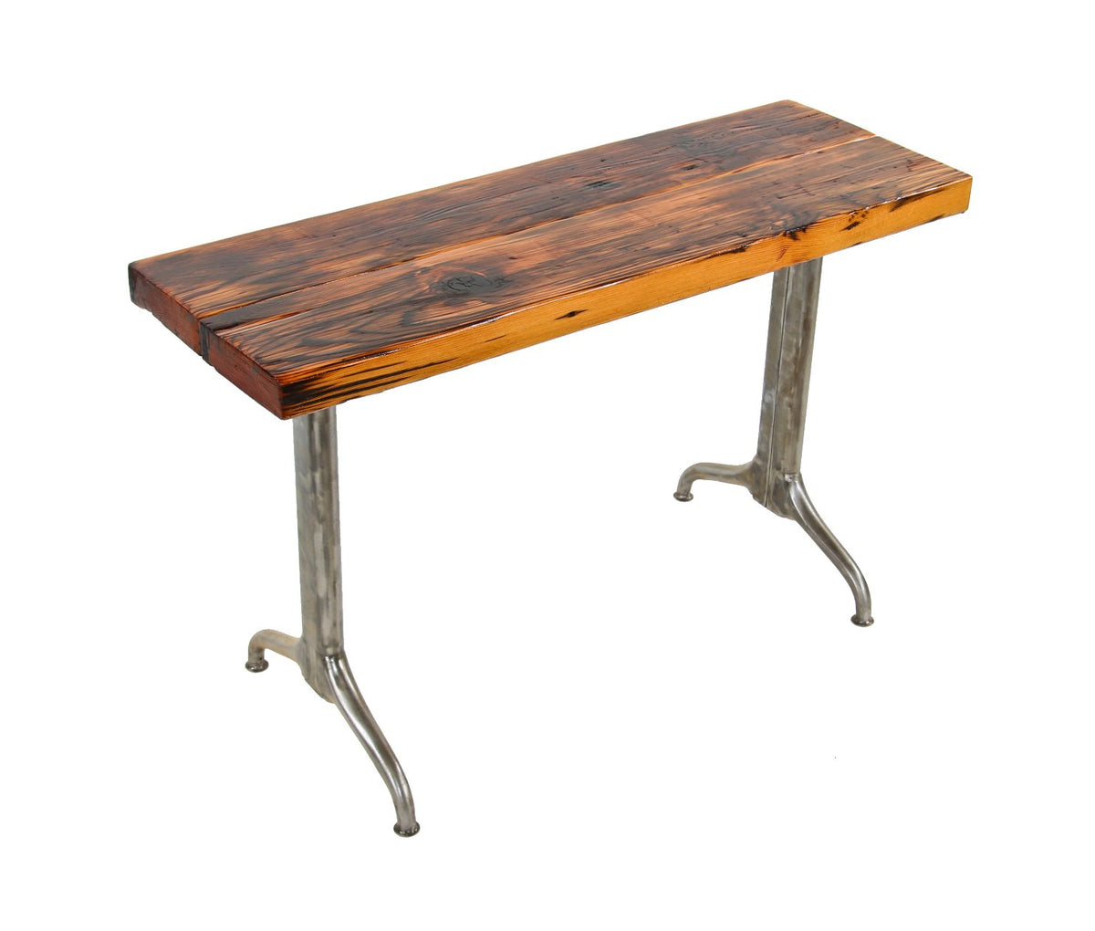 repurposed vintage american industrial multi-purpose stationary side table with brushed cold-rolled steel legs and a solid recycled pine wood tabletop