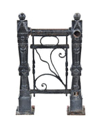 rare c. 1880's american residential black enameled wrought iron fanciful scrollwork panel flanked by matching "chicago" style exterior newel posts