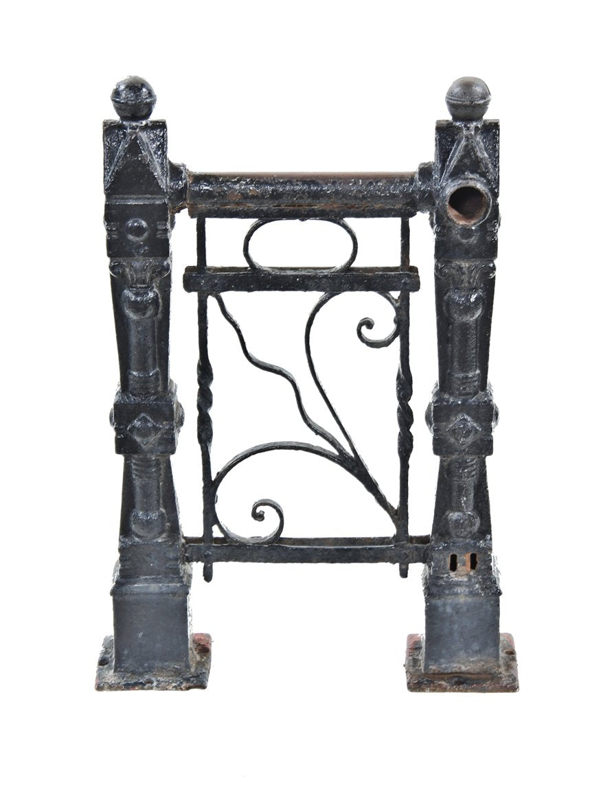rare c. 1880's american residential black enameled wrought iron fanciful scrollwork panel flanked by matching "chicago" style exterior newel posts
