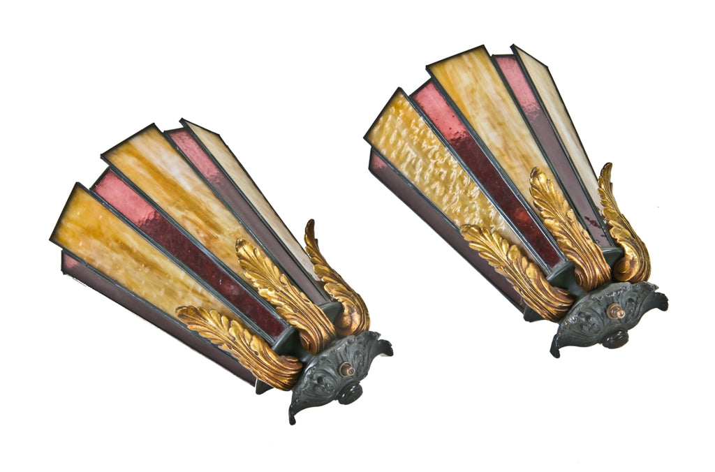 matching pair of all original and intact american antique e.f. lasar mansion interior ornamental bronze wall sconces with leaded art glass shades