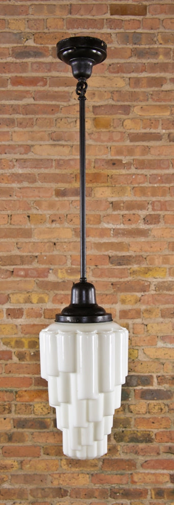remarkable c. 1930's american art deco "skyscraper" style staggered opalescent white glass chicago diner pendant light with original bronzed metal fitter