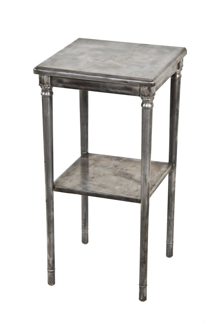 diminutive c. 1930's american made cold-rolled pressed and folded steel "simmons" nightstand or side table with undershelf and turned legs
